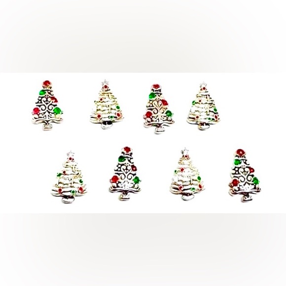 Silver Red Green Rhinestone Enamel Christmas Tree 2 Hole Slider Beads Lot of 8 - Picture 2 of 4